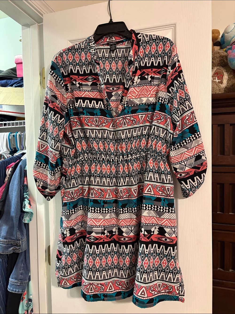 rue21 Coral, Teal & Black Geometric Aztec Top